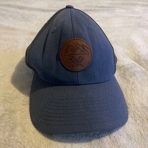 Vortex Outdoor Mesh Trucker Hat Blue Brown Mountains Leather Patch Cap Men